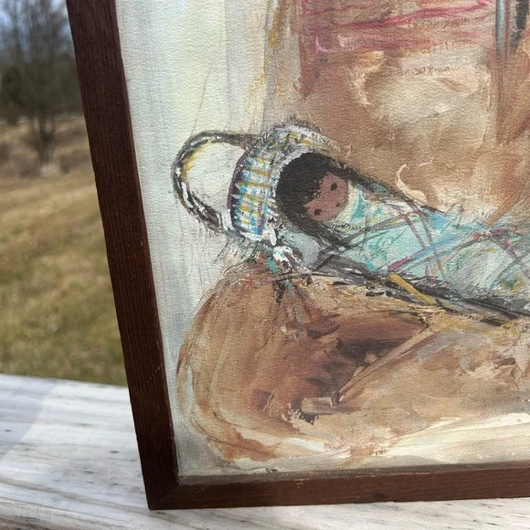 DeGrazia Art Apache Mother Baby Vtg Signed Matted Frame Southwest 12x15 - Picture 3 of 12